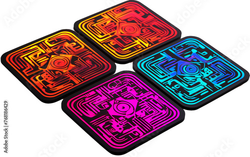 Set of Neon Tribal-Themed Coasters with Intricate Patterns Isolated On Transparent Background PNG.