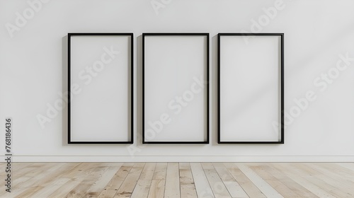 Three empty vertical black frame mock up in a white interior room design with wooden oak floor, 3 empty modern frames for gallery wall mockup, 3d illustration white wall interior Ai Generated  © Hamid