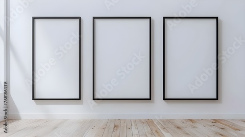 Three empty vertical black frame mock up in a white interior room design with wooden oak floor, 3 empty modern frames for gallery wall mockup, 3d illustration white wall interior Ai Generated 