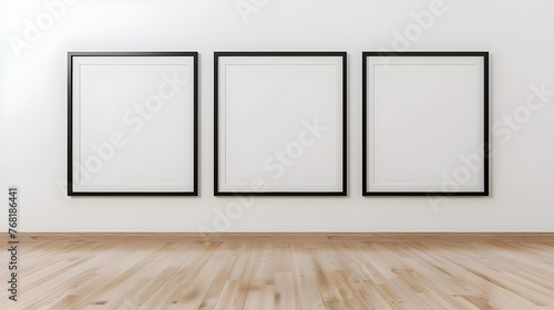 Three empty vertical black frame mock up in a white interior room design with wooden oak floor  3 empty modern frames for gallery wall mockup  3d illustration white wall interior Ai Generated 