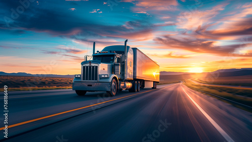A semi truck is driving down a road at sunset