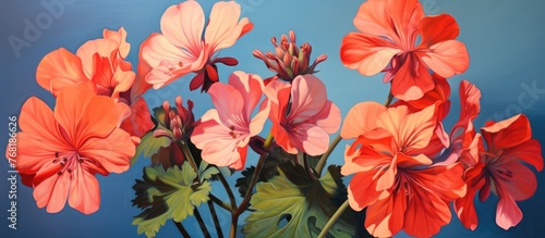 A painting depicting vibrant pink and orange geranium flowers in a vase against a blue background. The flowers appear to be freshly cut and arranged neatly in the vase, showcasing their bright colors