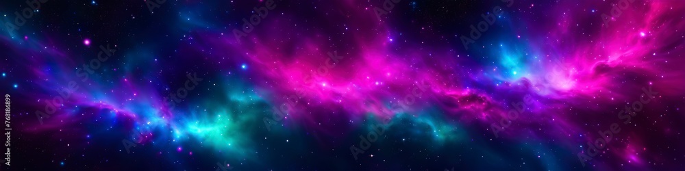 Abstract surrealistic illustration galaxy nebula in purple colors. Background for banner design, poster, website header, space for text.