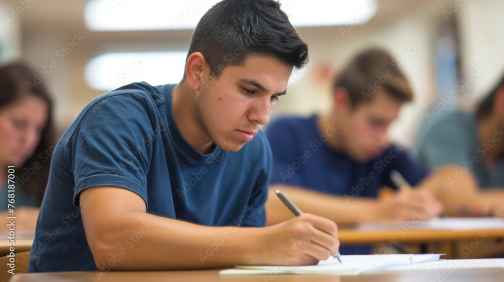 A young male student with glasses engrossed in writing during a classroom exam. A young male student with glasses engrossed in writing during a classroom exam.