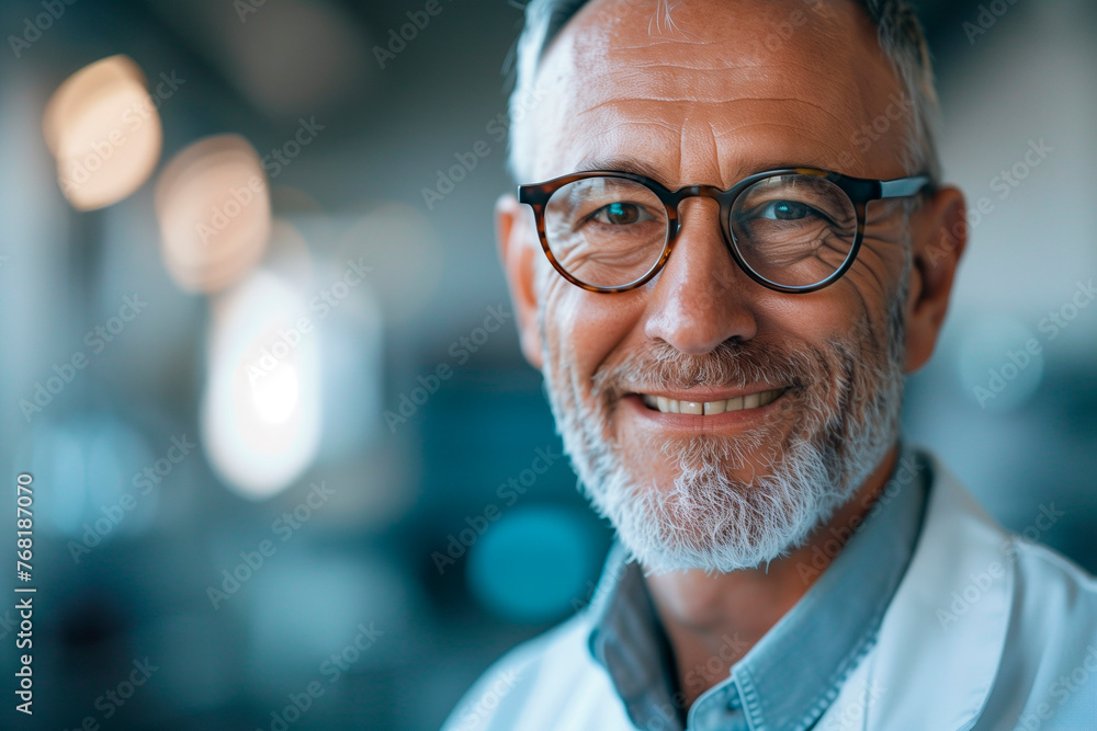 A man with glasses smiles and looks at the camera. He wears a white lab coat. A man with glasses smiles and looks at the camera. He wears a white lab coat.