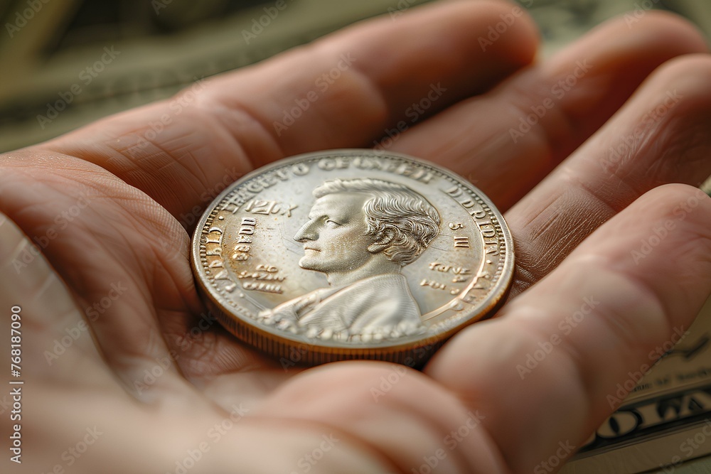 A person holding a coin in their hand on top of a pile of money in their hands with a dollar bill A person holding a coin in their hand on top of a pile of money in their hands with a dollar bill