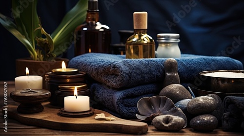 bath accessories, creams, towels, candles, dark background