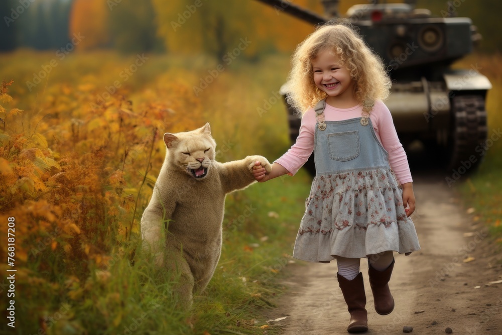 A little girl walks along a country road holding hands with a cat. They are followed by an tank. A little girl walks along a country road holding hands with a cat. They are followed by an tank.