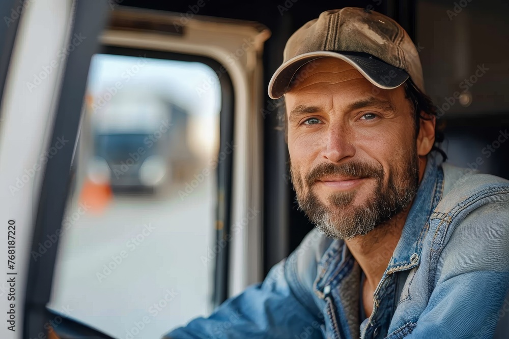A seasoned truck driver's welcoming smile captured within the confines of his vehicle cabin A seasoned truck driver's welcoming smile captured within the confines of his vehicle cabin