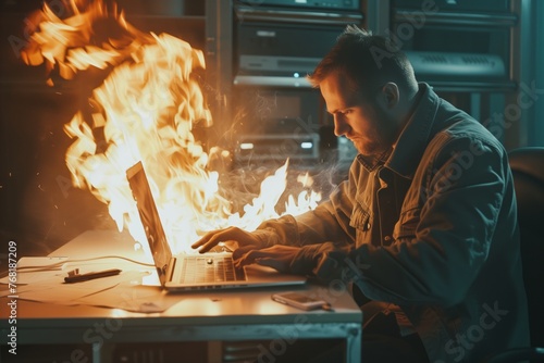 Concept of burning deadlines and urgency. Man works in the office with a burning laptop computer and desk in flames. Stress and tension are palpable as he strives to meet the demands of his work. photo