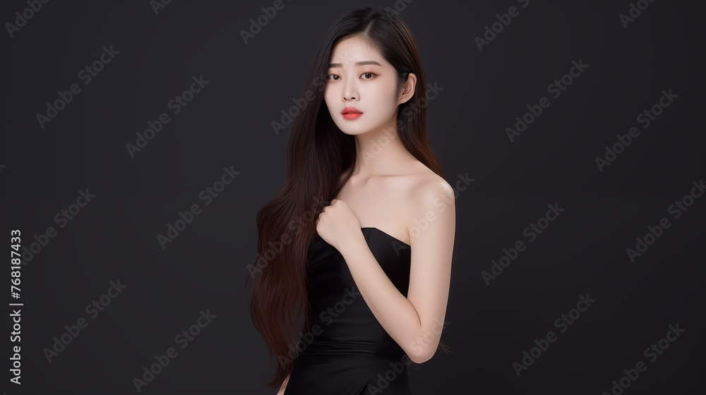 Young Asian Woman Model In Black Dress with Black Background