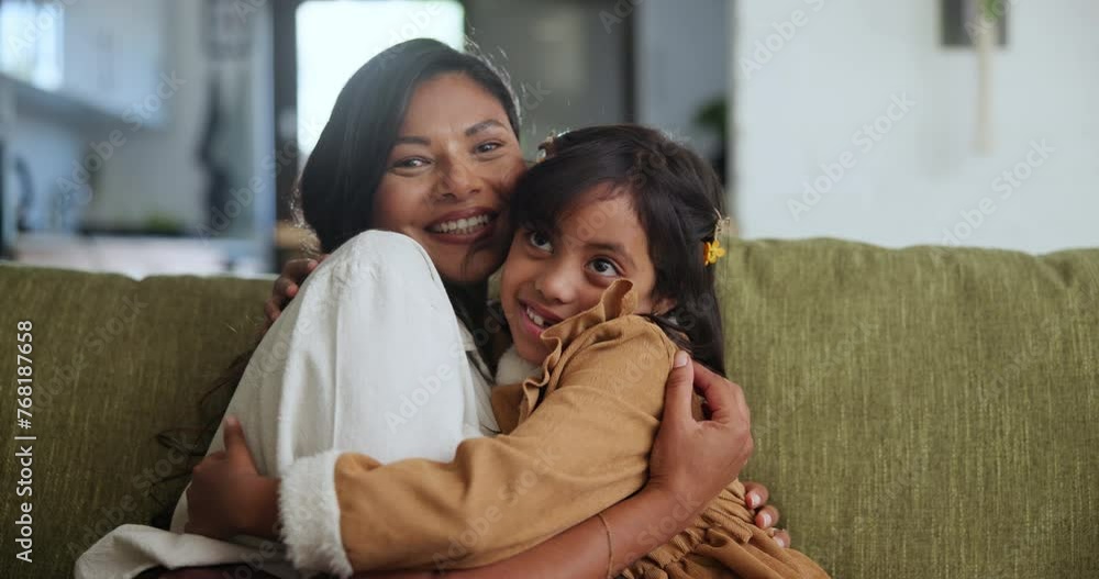 Family, love or hug with woman and daughter on sofa in living room of home together for bonding. Kids, smile or happy with mother and girl child embracing in lounge of apartment on mothers day Family, love or hug with woman and daughter on sofa in living room of home together for bonding. Kids, smile or happy with mother and girl child embracing in lounge of apartment on mothers day