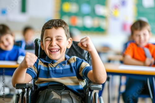 A boy in a wheelchair is smiling at the camera