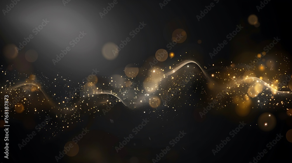 Golden glitter particles wave with shiny glowing light effects on dark ...