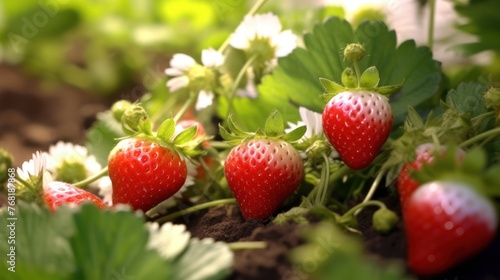 White flower with Red strawberry berries on strawberry field  close up.