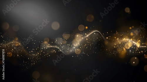 Golden glitter particles wave with shiny glowing light effects on dark background. Defocused sparkling dust.