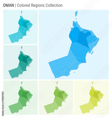 Oman map collection. Country shape with colored regions. Light Blue, Cyan, Teal, Green, Light Green, Lime color palettes. Border of Oman with provinces for your infographic. Vector illustration.