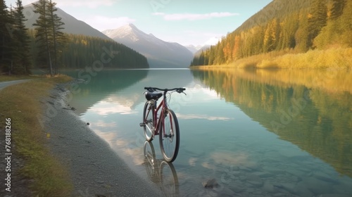 Biking in nature. Scenic bicycle trip along the alpine route. Maligne Lake Road.