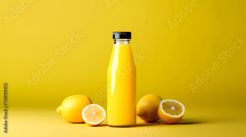 A bottle of orange juice is on a yellow background with a lemon on the right