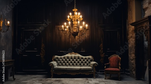 Black room in the castle with a vintage door, a chandelier, a sofa and amirror and fireplace. photo