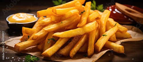 A pile of deliciously crispy French fries sits atop a wooden table  tempting the viewer with its golden perfection.