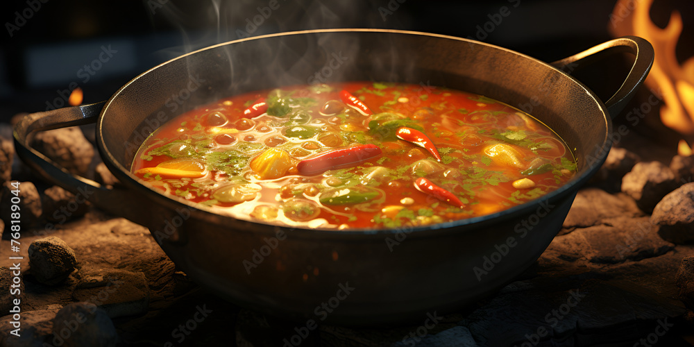 A pot of soup with meat and vegetables 