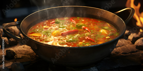 A pot of soup with meat and vegetables 
