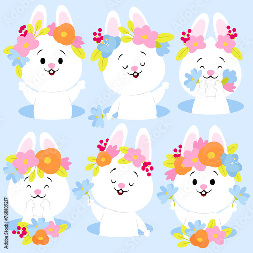 Set of cute Easter white bunnies with spring flowers