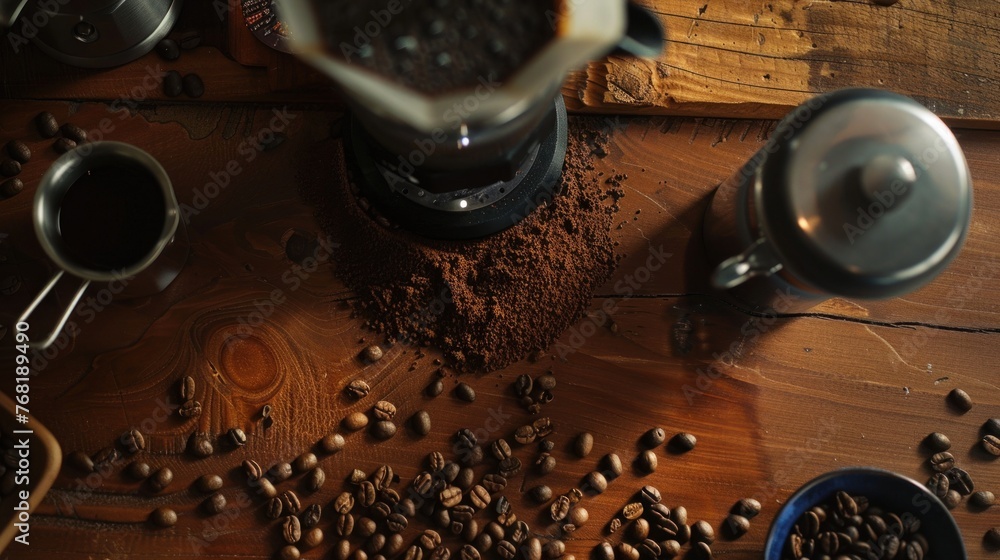 Naklejka premium coffee on the table and there are coffee beans being ground using a grinder.