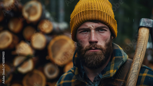 Close-up illustration of a strong young lumberjack with an ax on his shoulder and a pile of cut trees behind him