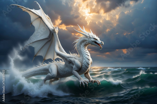 A white dragon flies over the sea