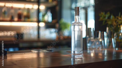  A bottle of artisanal vodka stands out on a contemporary bar counter with its sleek design and simple label. Its crystal-clear contents, recorded in breathtaking HD clarity, beckon to be savoured photo