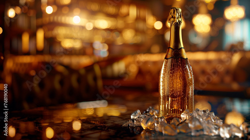 Amidst the ambiance of a sophisticated lounge, a bottle of fine champagne sits elegantly on ice, its golden hues reflecting the luxury and indulgence within, captured