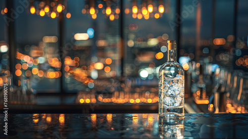  Against a backdrop of shimmering city lights, a bottle of premium vodka commands attention on a sleek bar counter, its crystal-clear contents promising an unforgettable evening, captured in stunning  photo