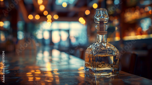  In this high definition photo, a bottle of fine tequila stands tall among the glitz of an upscale cocktail lounge. Its unique shape and handmade label perfectly capture the spirit of celebration and 