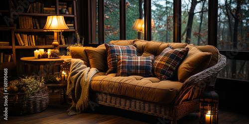 A cozy room, with soft pillows and warm plaid, like a shelter from cold wi