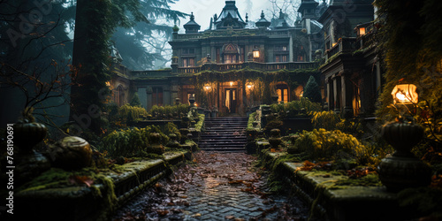 A ghostly mansion, with wide steps leading into a forest thicket, like a gate into a parallel w