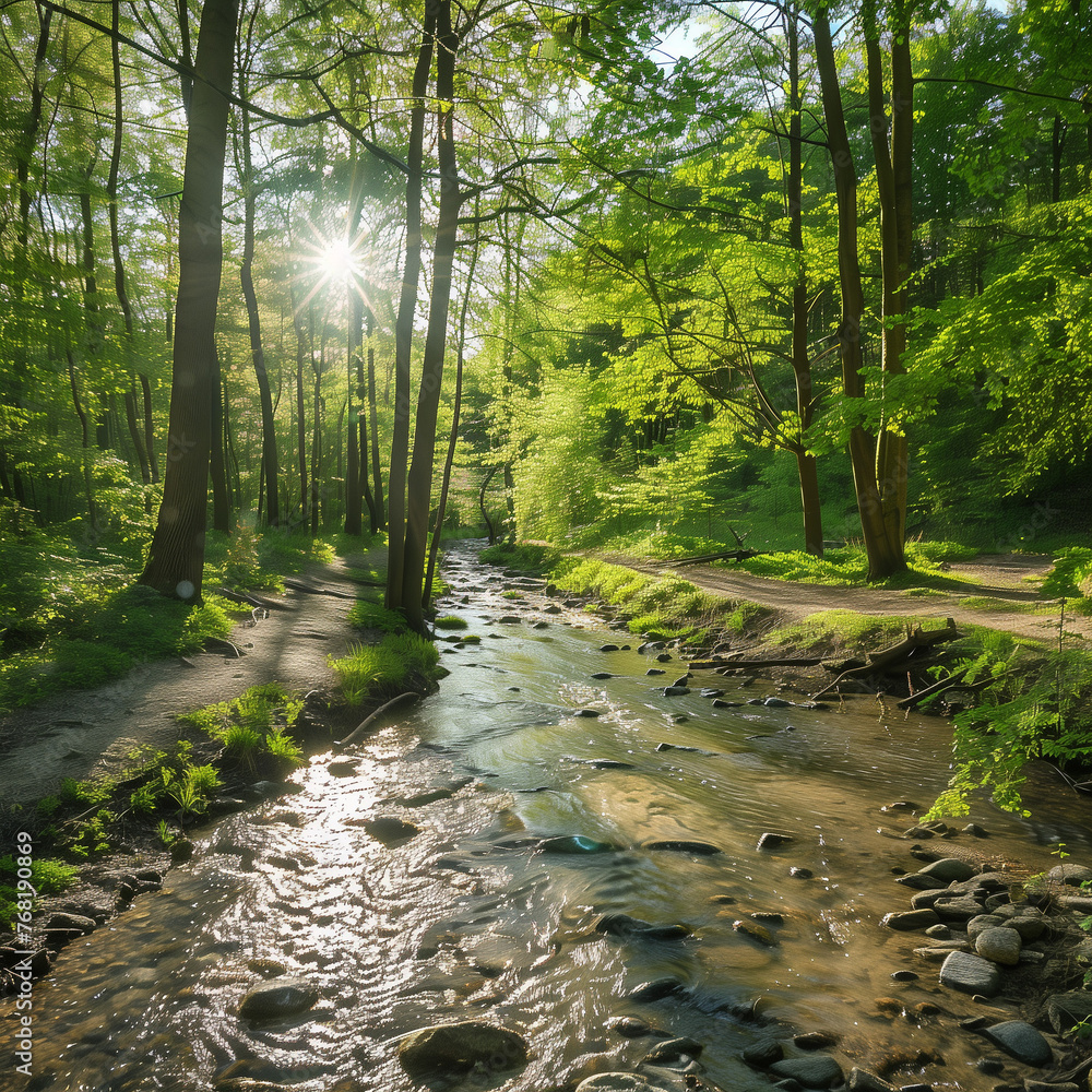Obraz premium Serene forest scene with a small stream flowing through it