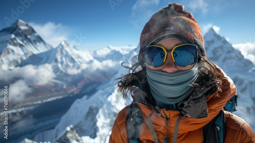 woman climber with sunglasses at the top of a snowy mountain