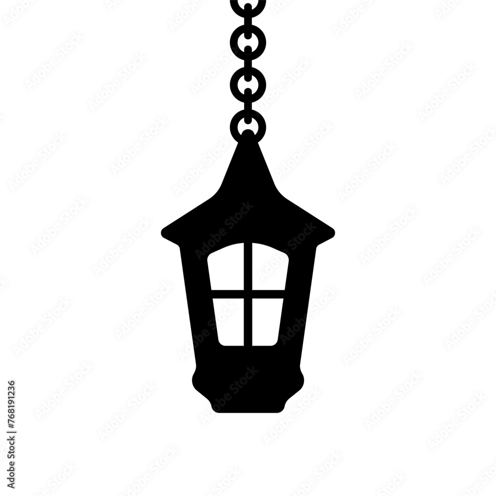 Lantern hanging on a chain icon. Black silhouette. Front side view. Vector simple flat graphic illustration. Isolated object on a white background. Isolate. Lantern hanging on a chain icon. Black silhouette. Front side view. Vector simple flat graphic illustration. Isolated object on a white background. Isolate.