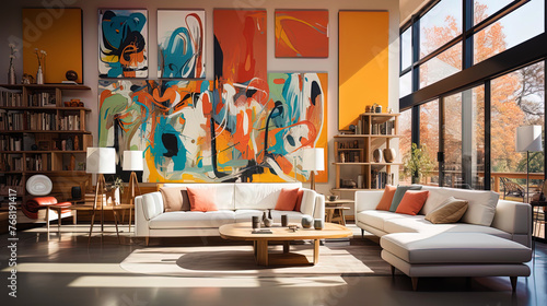 A modern room, with original paintings and modern art objects, like a gallery of contemporar