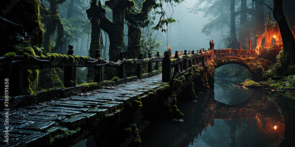 A mystical bridge, lost in thick fogs, like a bridge to hidden secret - obrazy, fototapety, plakaty 