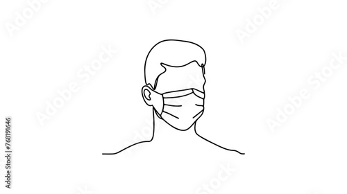 One continuous line drawing medical face mask. Concept of coronavirus. Continuous single drawn person in mask one line hand-drawn picture silhouette. Line art. doodle. Vector illustration.