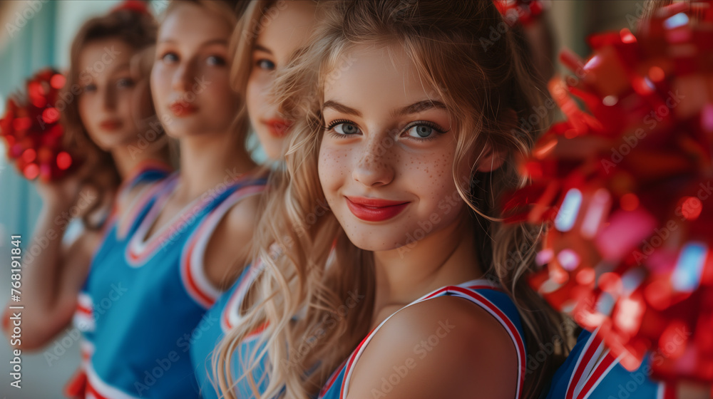 Caucasian female cheerleading team looking at camera with confidence. Caucasian female cheerleading team looking at camera with confidence.
