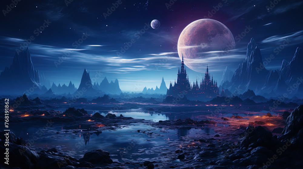 A planet with eternal ice and crystal mountains, like a frozen fairy tale in spac