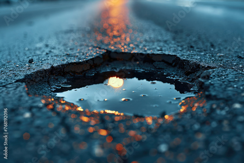 Pothole, hole in the asphalt on the roadway