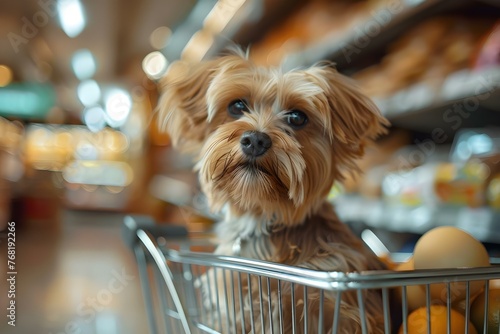 Adorable dog sitting in a shopping cart at a grocery store with a blurred background. Concept Pet Photography, Shopping Cart Setting, Cute Canine, Grocery Store Background, Adorable Pose