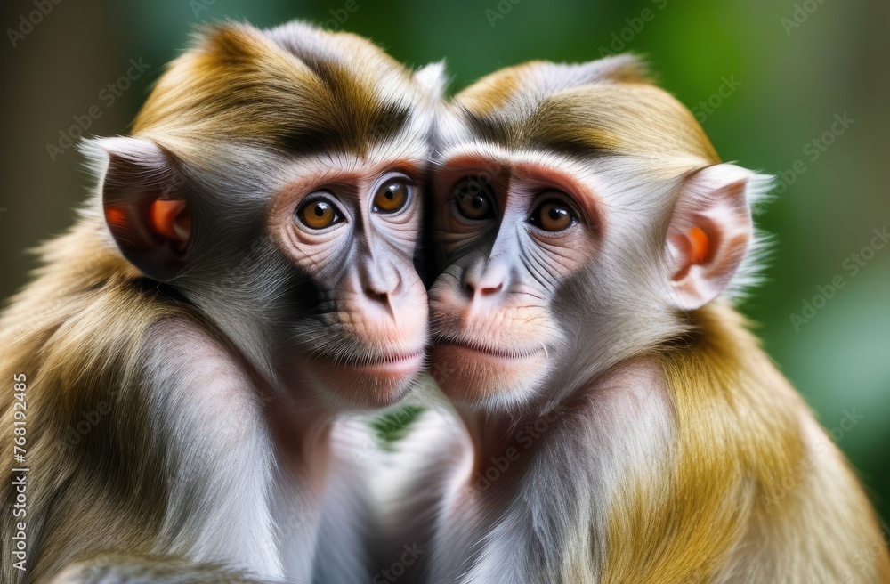 Fototapeta premium The two monkeys huddled together.