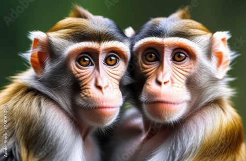A pair of monkeys are sitting next to each other and looking at the camera. © Марина Веретенникова