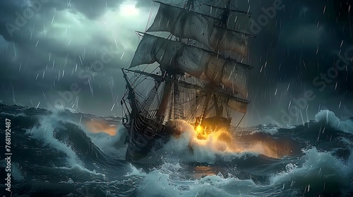 Sailing old ship in stormy sea with lightning bolts and amazing waves and dramatic sky AI generated photo